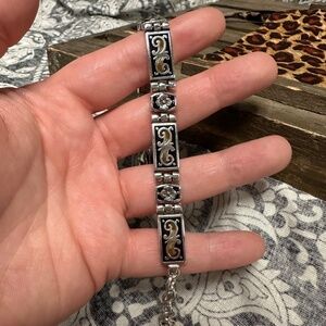Brighton EUC vintage silver scroll hinged black brown inlay bracelet with bag